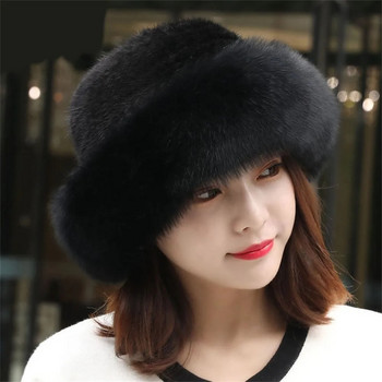 Зимна дамска шапка от изкуствена кожа Дамска топла шапка от заешка кожа с наушници с периферия от изкуствена лисича кожа