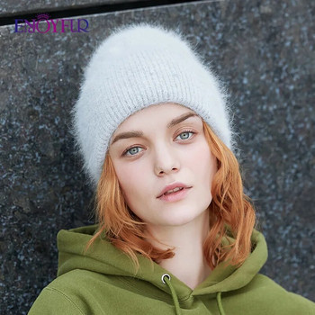 ENJOYFUR Χειμερινά καπέλα για γυναίκες Ζεστά μακριά μαλλιά από γούνα κουνελιού Γυναικεία σκουφάκια μόδας μονόχρωμα φαρδιά μανσέτα νεανικού στυλ Beanies