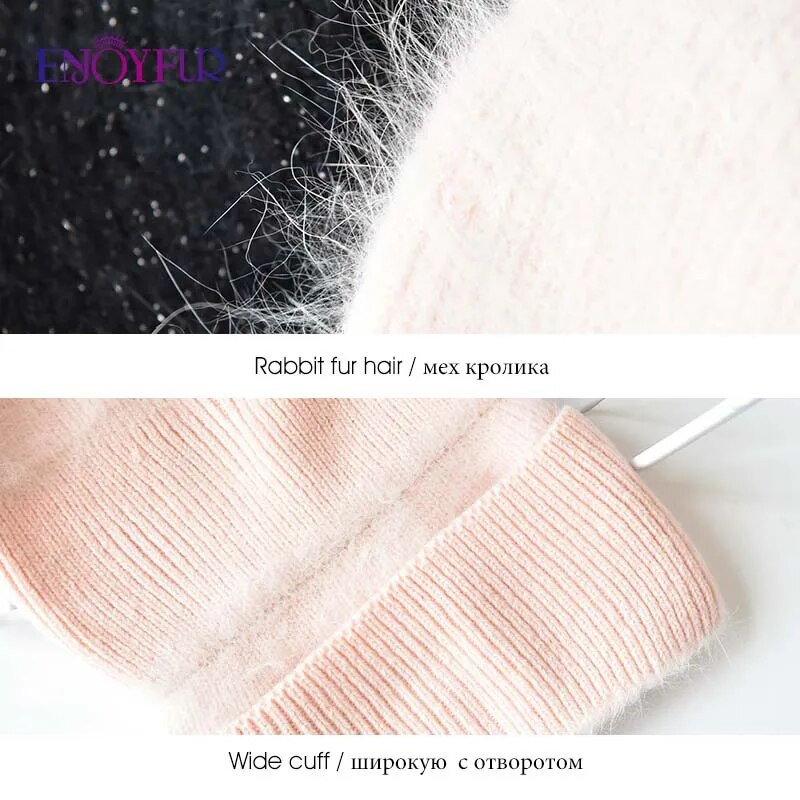 ENJOYFUR ziemas cepures sievietēm Siltas, garas truša kažokādas spalvas Sieviešu cepures Modes vienkrāsainas platas aproce Jaunas stila pupiņas