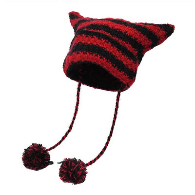 Japāņu Y2K Cute Melns Balts Svītrains Kaķis Ausis Vilnas Cepure Sievietēm Rudens Ziema Silta Mazais Velniņš Piekārts Bumba Trikotāžas Beanie Cepure