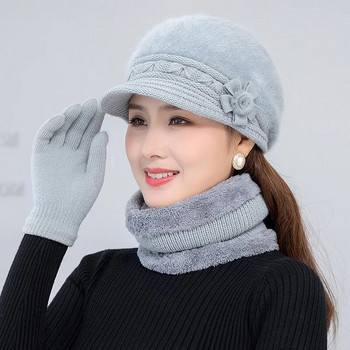 Νέο Χειμερινό καπέλο Χοντρό ζεστό πλεκτό καπέλο κασκόλ γάντια 3τμχ Σετ για γυναίκες Κομψά λουλούδια Μπερέ από γούνα κουνελιού για σκι εξωτερικού χώρου