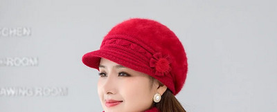 Jauna ziemas cepure bieza silta trikotāžas cepure šalle cimdi 3 gab komplekts sievietēm eleganti ziedi truša kažokādas berete āra slēpošanas jāšanas cepure