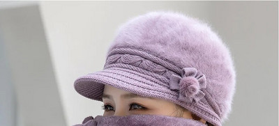 Jauna ziemas cepure bieza silta trikotāžas cepure šalle cimdi 3 gab komplekts sievietēm eleganti ziedi truša kažokādas berete āra slēpošanas jāšanas cepure