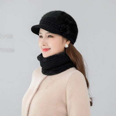 Jauna ziemas cepure bieza silta trikotāžas cepure šalle cimdi 3 gab komplekts sievietēm eleganti ziedi truša kažokādas berete āra slēpošanas jāšanas cepure