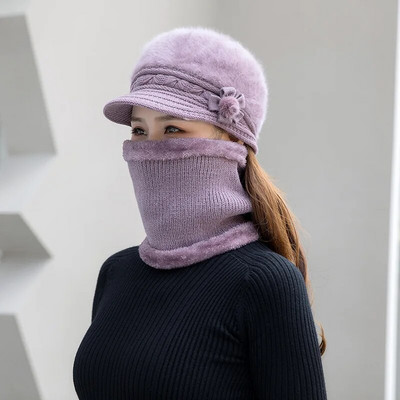 Jauna ziemas cepure bieza silta trikotāžas cepure šalle cimdi 3 gab komplekts sievietēm eleganti ziedi truša kažokādas berete āra slēpošanas jāšanas cepure