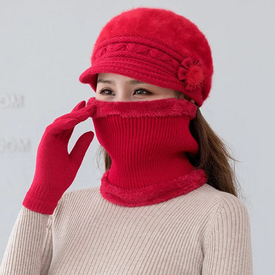 Jauna ziemas cepure bieza silta trikotāžas cepure šalle cimdi 3 gab komplekts sievietēm eleganti ziedi truša kažokādas berete āra slēpošanas jāšanas cepure