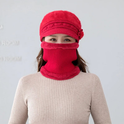 Jauna ziemas cepure bieza silta trikotāžas cepure šalle cimdi 3 gab komplekts sievietēm eleganti ziedi truša kažokādas berete āra slēpošanas jāšanas cepure