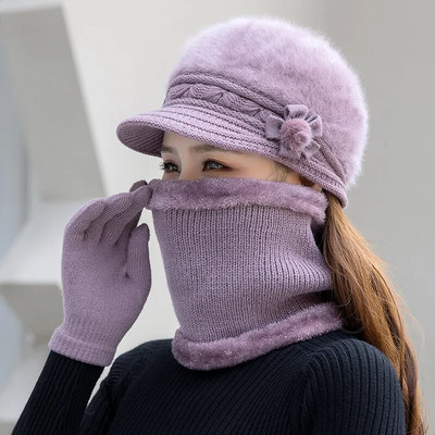 Jauna ziemas cepure bieza silta trikotāžas cepure šalle cimdi 3 gab komplekts sievietēm eleganti ziedi truša kažokādas berete āra slēpošanas jāšanas cepure