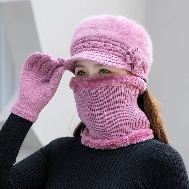 Jauna ziemas cepure bieza silta trikotāžas cepure šalle cimdi 3 gab komplekts sievietēm eleganti ziedi truša kažokādas berete āra slēpošanas jāšanas cepure