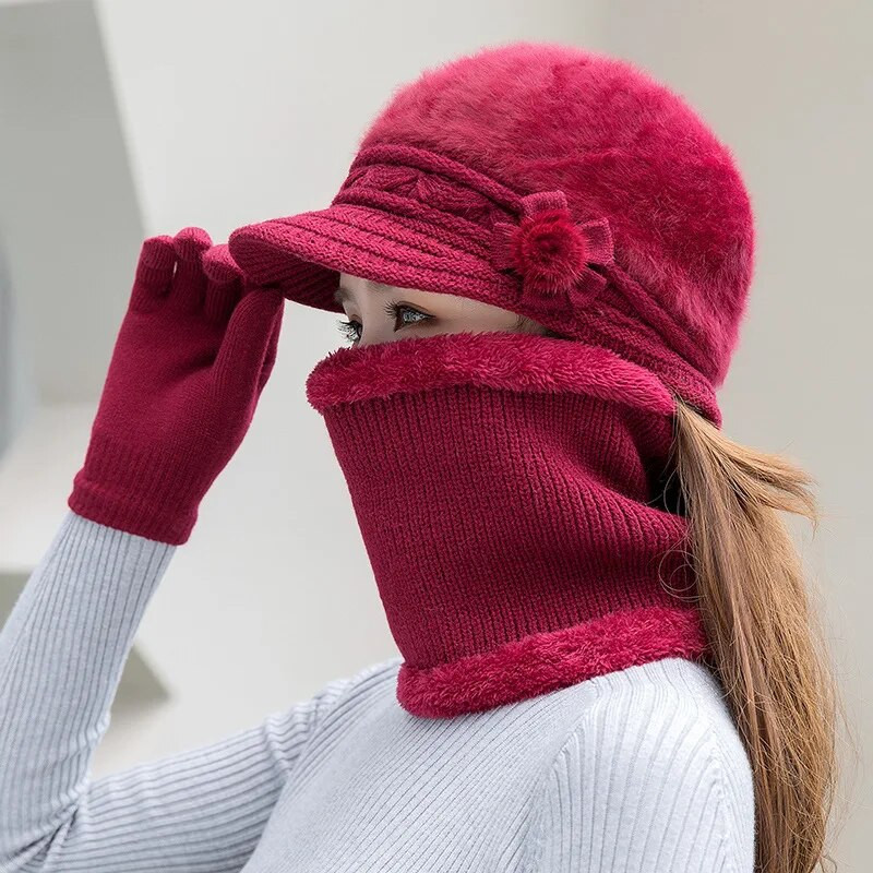 Jauna ziemas cepure bieza silta trikotāžas cepure šalle cimdi 3 gab komplekts sievietēm eleganti ziedi truša kažokādas berete āra slēpošanas jāšanas cepure