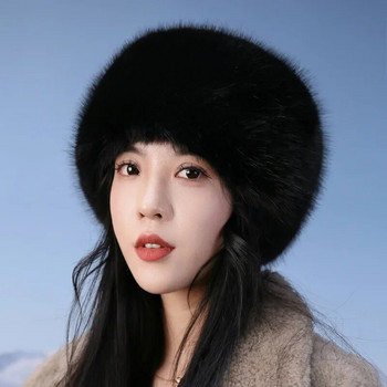 Σούπερ μόδα Χειμερινό καπέλο χιονιού ψεύτικη γούνα Παχύ γυναικείο χνουδωτό γούνινο καπέλο σκι Ρωσικό αντιανεμικό καπέλο πάρτι Luxury Ζεστό καπέλο αλεπούς Γούνινο καπέλο μαύρο