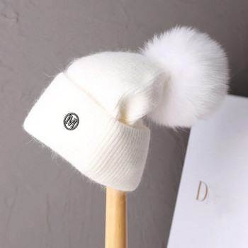 New In Hat Real fox Fur Pom Poms Καπέλο Γυναικείο Υπαίθριο Ζεστό Skullies Beanie Χειμερινό καπέλο για Γυναικεία Κουνέλι Πλεκτό Χοντρό Καπάκι Χριστούγεννα