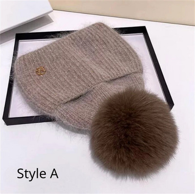 Jaunums Cepurēs Īstas lapsu kažokādas Cepures Sieviešu āra siltas Skullies Beanie Ziemas cepure sievietēm Truša trikotāžas biezā cepure Ziemassvētki