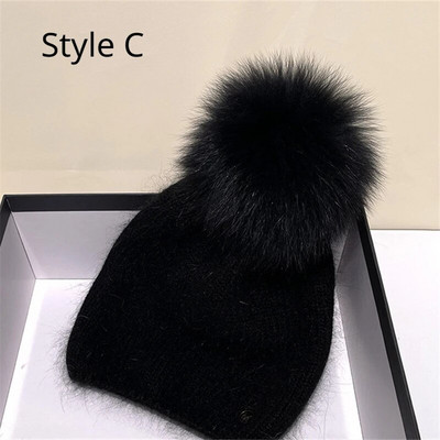 Jaunums Cepurēs Īstas lapsu kažokādas Cepures Sieviešu āra siltas Skullies Beanie Ziemas cepure sievietēm Truša trikotāžas biezā cepure Ziemassvētki