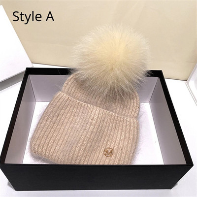 Jaunums Cepurēs Īstas lapsu kažokādas Cepures Sieviešu āra siltas Skullies Beanie Ziemas cepure sievietēm Truša trikotāžas biezā cepure Ziemassvētki