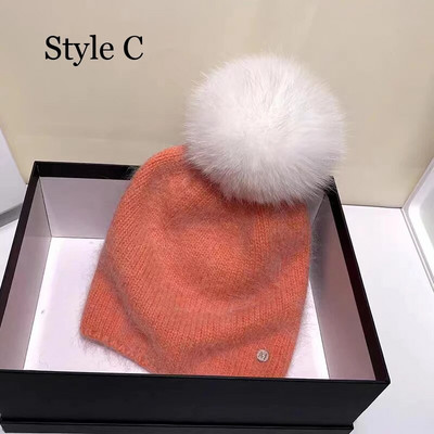 Jaunums Cepurēs Īstas lapsu kažokādas Cepures Sieviešu āra siltas Skullies Beanie Ziemas cepure sievietēm Truša trikotāžas biezā cepure Ziemassvētki