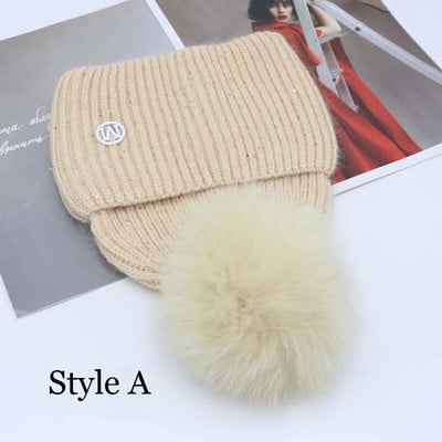 Jaunums Cepurēs Īstas lapsu kažokādas Cepures Sieviešu āra siltas Skullies Beanie Ziemas cepure sievietēm Truša trikotāžas biezā cepure Ziemassvētki