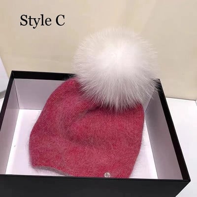 Jaunums Cepurēs Īstas lapsu kažokādas Cepures Sieviešu āra siltas Skullies Beanie Ziemas cepure sievietēm Truša trikotāžas biezā cepure Ziemassvētki