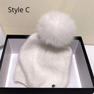 Jaunums Cepurēs Īstas lapsu kažokādas Cepures Sieviešu āra siltas Skullies Beanie Ziemas cepure sievietēm Truša trikotāžas biezā cepure Ziemassvētki