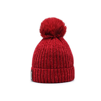 Χειμερινά καπέλα για γυναίκες Πιο χοντρά φασόλια Πλεκτό καπέλο σενίλ με μπάλα για κορίτσια Φθινοπωρινά καπέλα με φλις ζεστό καπό Casual καπέλο