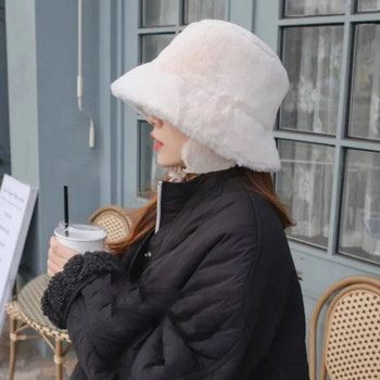 Γυναικεία καπέλα με κουβά με προστασία αυτιών Χειμερινά με κορδόνια βελούδινα καπέλα με φαρδύ γείσο Ζεστό αντιανεμικό γούνινο καπέλο ρετρό συμπαγές καπέλο ψαρά