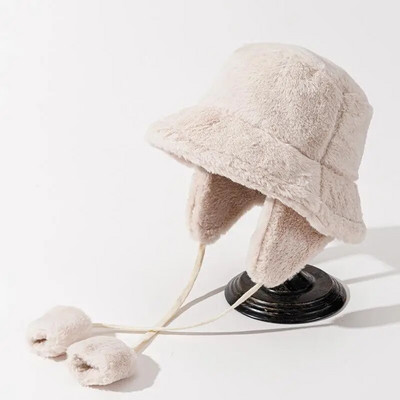 Ausu aizsargcepures Sieviešu ziemas mežģīņu plīša cepures ar platām malām Siltas vēja necaurlaidīgas aukstumizturīgas kažokādas cepure Retro cieta zvejnieka cepure