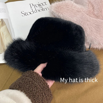 2023 Big Faux Fur Fluffy Bucket Καπέλο για Γυναικείο Πολυτελές βελούδινο χειμερινό καπέλο Thicken Snow Υπερμεγέθη Γούνινο καπέλο κουβά Μαλακό μεγάλο καπέλο Panama