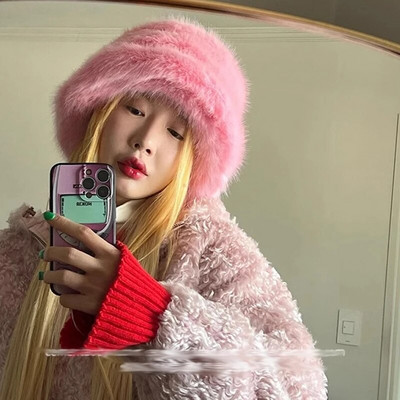 2023. gada liela mākslīgās kažokādas pūkaina kausa cepure sievietēm Luksusa plīša ziemas cepure, bieza sniega lielizmēra kažokādas cepure Mīksta, liela Panamas cepure