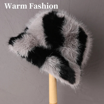 2023. gada liela mākslīgās kažokādas pūkaina kausa cepure sievietēm Luksusa plīša ziemas cepure, bieza sniega lielizmēra kažokādas cepure Mīksta, liela Panamas cepure