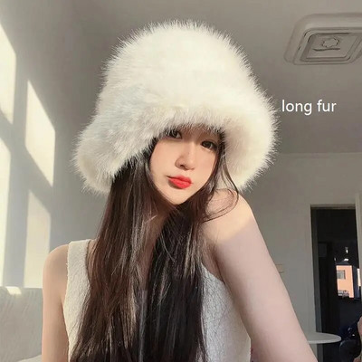 2023. gada liela mākslīgās kažokādas pūkaina kausa cepure sievietēm Luksusa plīša ziemas cepure, bieza sniega lielizmēra kažokādas cepure Mīksta, liela Panamas cepure