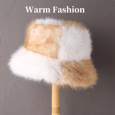2023. gada liela mākslīgās kažokādas pūkaina kausa cepure sievietēm Luksusa plīša ziemas cepure, bieza sniega lielizmēra kažokādas cepure Mīksta, liela Panamas cepure