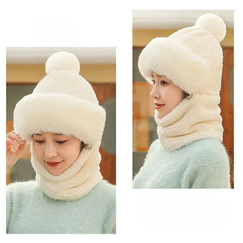 Téli sál szett kapucnis női plüss nyak meleg Oroszország kültéri sí szélálló sapka vastag plüss bolyhos sapkák