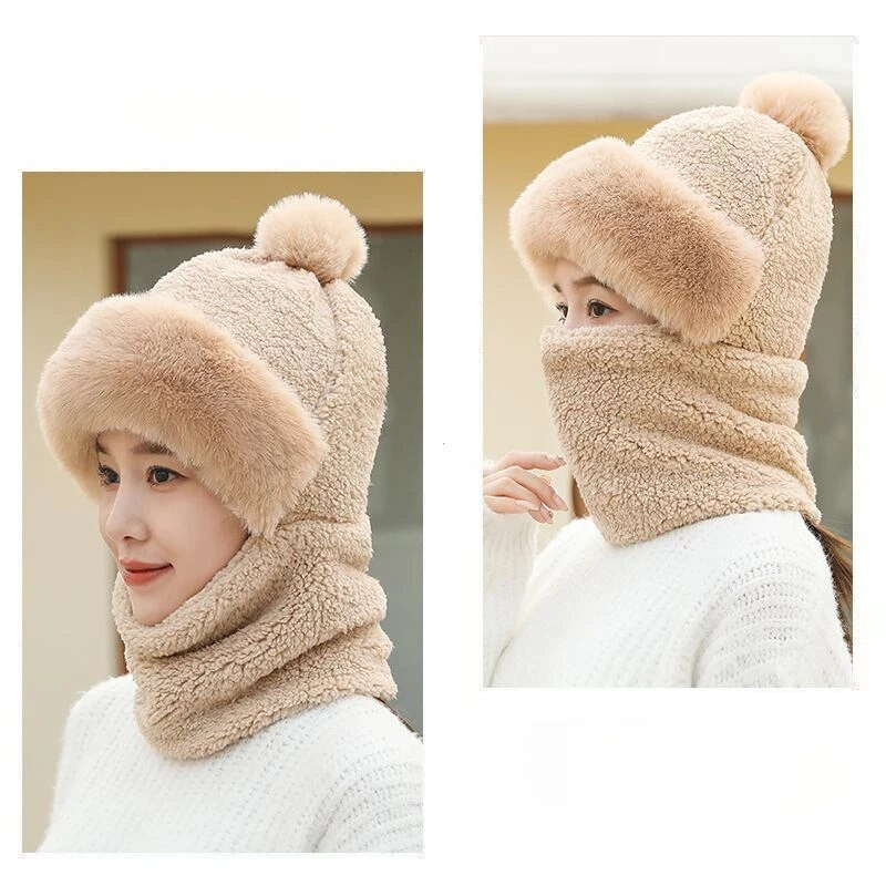 Téli sál szett kapucnis női plüss nyak meleg Oroszország kültéri sí szélálló sapka vastag plüss bolyhos sapkák