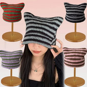 Y2K Winter Knitted Cat Ear Little Devil Hats Sweet Cool Girls Kawaii Designer Stripe Топла дебела шапка Harajuku Beanies Female Caps