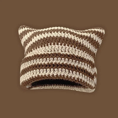 Y2K Winter Knitted Cat Ear Little Devil Hats Sweet Cool Girls Kawaii Designer Stripe Топла дебела шапка Harajuku Beanies Female Caps