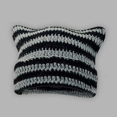 Y2K Winter Knitted Cat Ear Little Devil Hats Sweet Cool Girls Kawaii Designer Stripe Топла дебела шапка Harajuku Beanies Female Caps