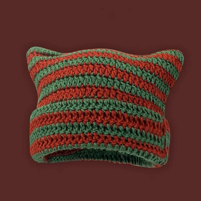Y2K Winter Knitted Cat Ear Little Devil Hats Sweet Cool Girls Kawaii Designer Stripe Топла дебела шапка Harajuku Beanies Female Caps