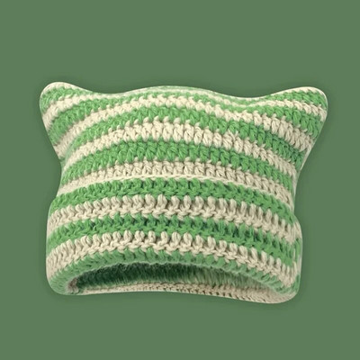 Y2K Winter Knitted Cat Ear Little Devil Hats Sweet Cool Girls Kawaii Designer Stripe Топла дебела шапка Harajuku Beanies Female Caps