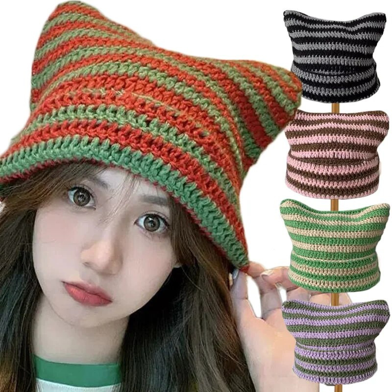 Y2K Winter Knitted Cat Ear Little Devil Hats Sweet Cool Girls Kawaii Designer Stripe Топла дебела шапка Harajuku Beanies Female Caps