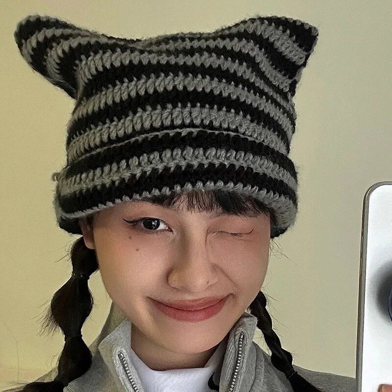 Y2K Winter Knitted Cat Ear Little Devil Hats Sweet Cool Girls Kawaii Designer Stripe Топла дебела шапка Harajuku Beanies Female Caps