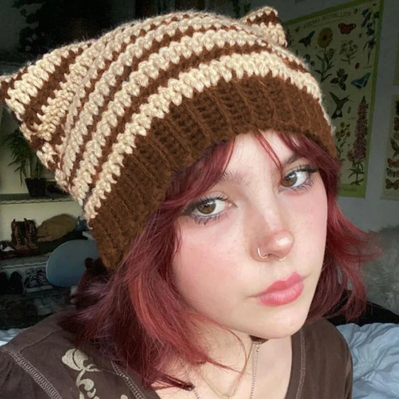 Y2K Winter Knitted Cat Ear Little Devil Hats Sweet Cool Girls Kawaii Designer Stripe Топла дебела шапка Harajuku Beanies Female Caps