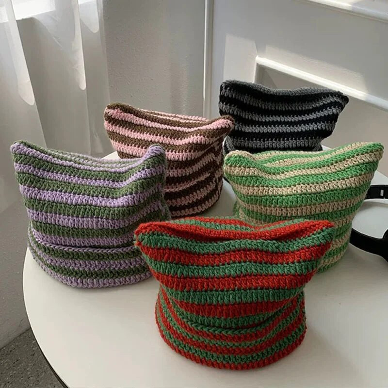 Y2K Winter Knitted Cat Ear Little Devil Hats Sweet Cool Girls Kawaii Designer Stripe Топла дебела шапка Harajuku Beanies Female Caps