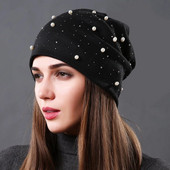 Rudens ziemas silta maisa, slouchy beanie cepure dāmām sievietēm, Rhinestone pērle, mīksta fordējama galvaskausa cepure ikdienišķa turbāna cepure