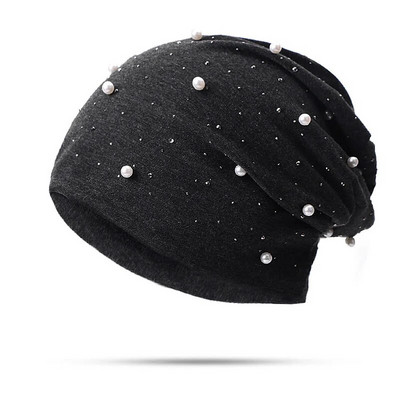 Rudens ziemas silta maisa, slouchy beanie cepure dāmām sievietēm, Rhinestone pērle, mīksta fordējama galvaskausa cepure ikdienišķa turbāna cepure
