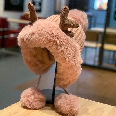 Müts Naiste sügisene ja talvine armas hirvesarve karvapall kõrvakaitse plüüsis müts jõulupaksendatud lei feng ratsamüts