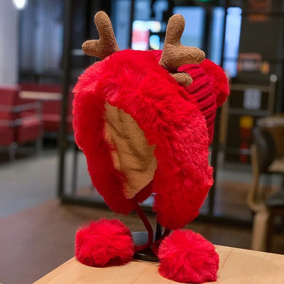 Müts Naiste sügisene ja talvine armas hirvesarve karvapall kõrvakaitse plüüsis müts jõulupaksendatud lei feng ratsamüts