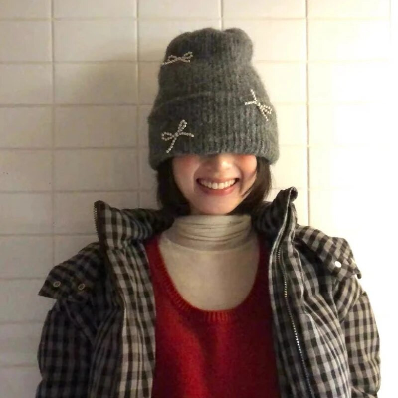 Korejas metāla loka trikotāžas cepure Ins Style Jauka Y2K meiteņu cepure Rudens un ziemas personalizēta modes silta ausu aizsardzības cepure