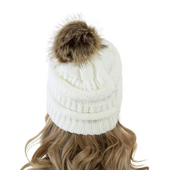 Hot Sale Μόδα καπέλο Beanie με ραβδώσεις Προσθήκη χειμωνιάτικων καπέλων με γούνα Pompom για γυναίκες κορίτσια Ζεστό χοντρό καπέλο Beanie κομψό πλεκτό καπέλο