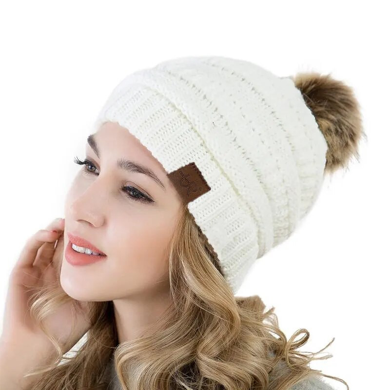 Karštas išpardavimas briaunota kepurė su snapeliu mada Pridėti kailiu pamušalu pompoms Žieminės kepuraitės moterims mergaitėms šilta stora kepurė Stilingas megztas kepurė