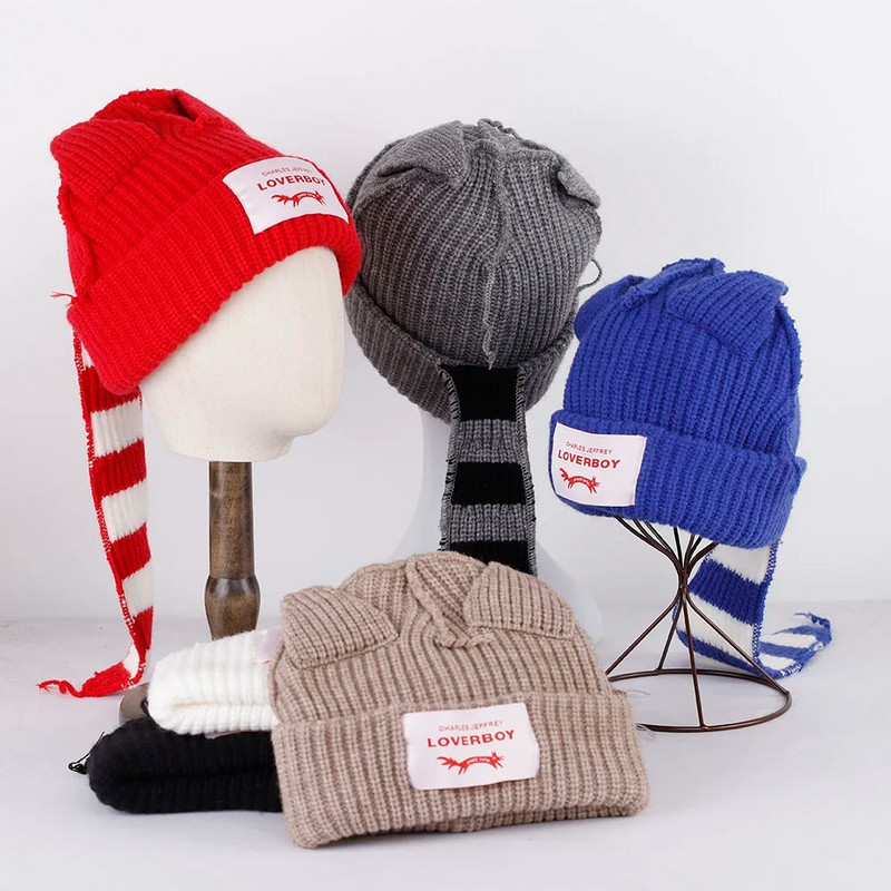 2023. gada jauns modes ziemas skullīši Cute sieviešu lapsas aste Trikotāžas kostīms Beanie Cepures Savienojošas krāsas Dāvana Hip-hop Cepurīte